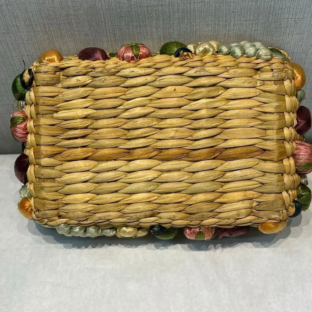 Vtg Woven Straw Lined Basket with 3D Fruit on Sides Phillipines Handmade Boho